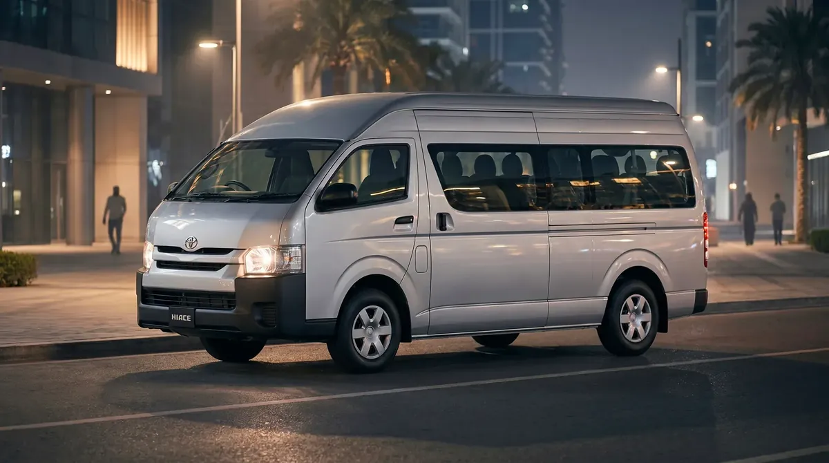 Toyota Hiace Commuter armada sewa Lahat Duta Jaya Trans tampak samping di malam hari