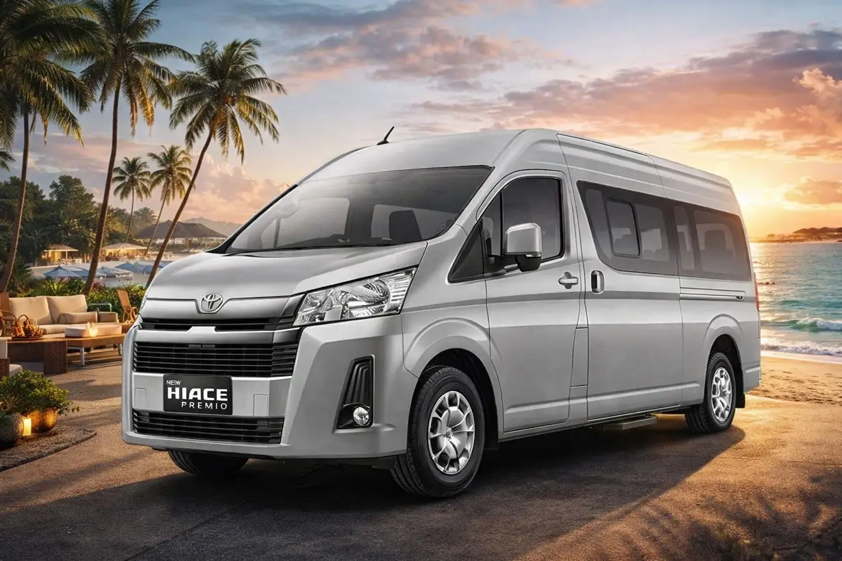 Armada Toyota Hiace Premio Duta Jaya Trans untuk rute Lampung ke Jakarta - kabin full AC, reclining seat, bagasi luas
